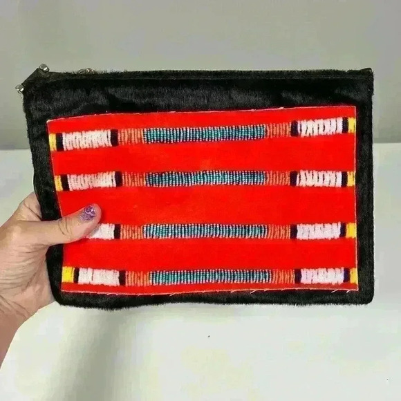 SOUTHWESTERN Black Faux Fur Cow Red Print Pattern Zip Top Pouch Organizer Purse - Picture 2 of 10